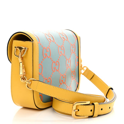 Gucci Azalea Calfskin GG Monogram Bi-Color Debossed Mini Horsebit 1955 Shoulder Bag Dusty Azure Stone Topaz Deep Orange 3 of 19
