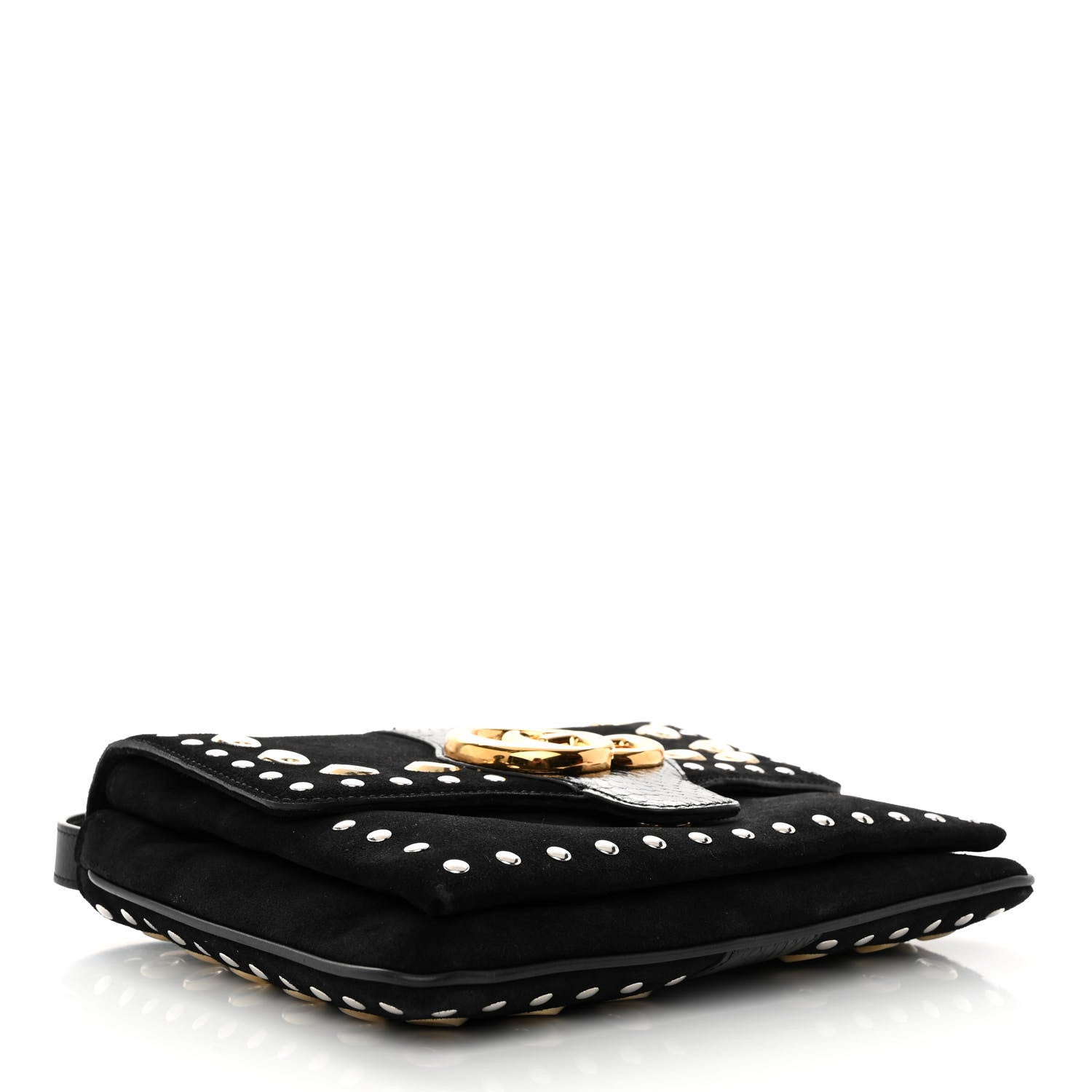 Gucci Suede Snakeskin Studded Medium Arli Flap Shoulder Bag Black 4 of 10