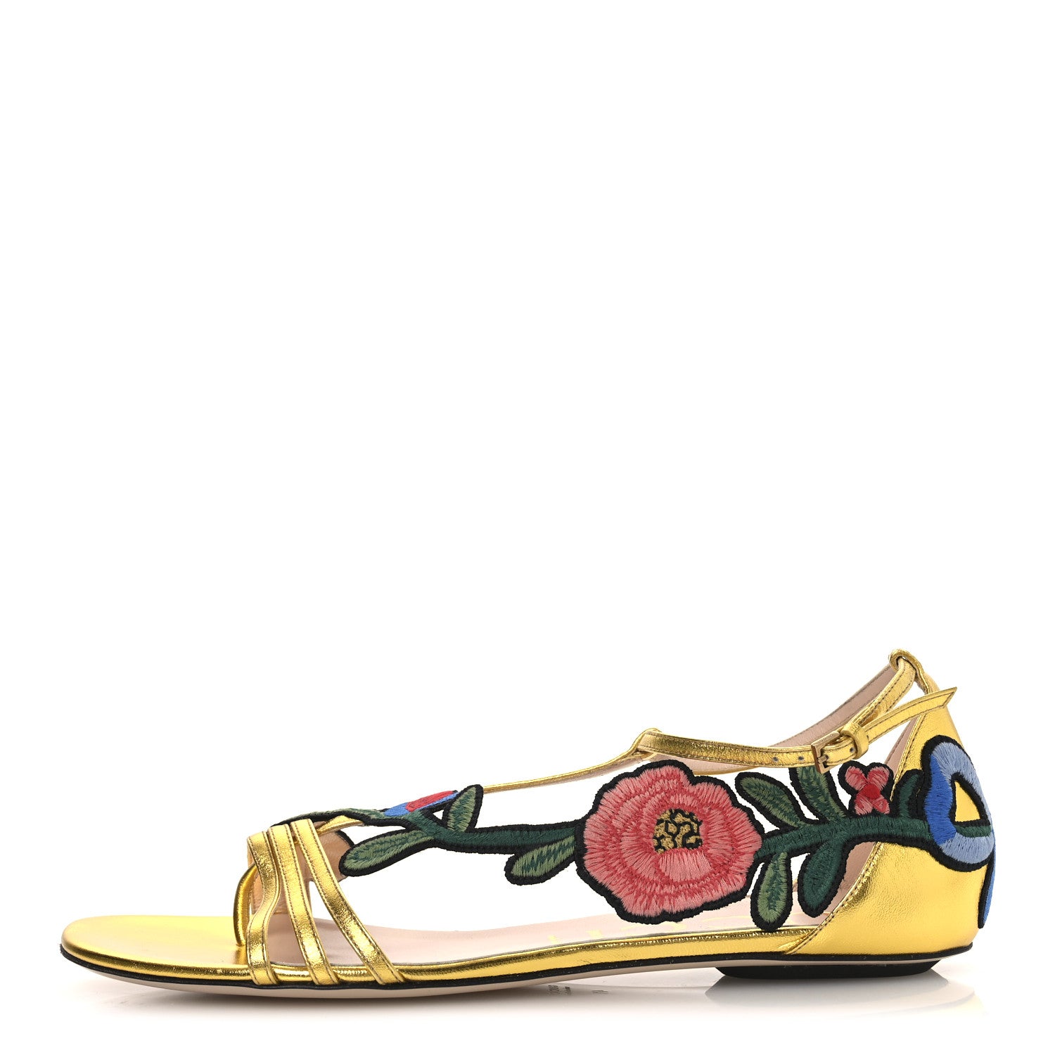 Gucci Metallic Nappa Ophelia T-Strap Flat Sandals 36 Gold 1 of 10