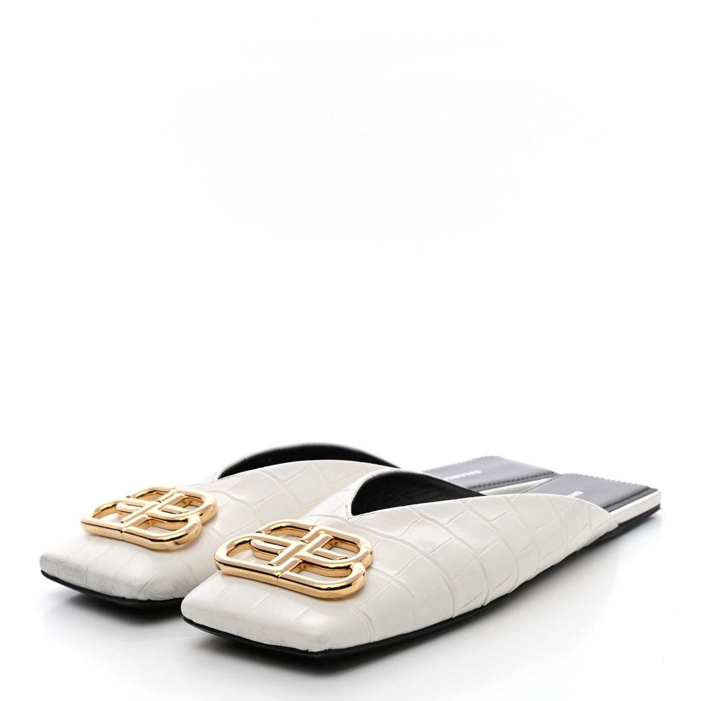 Calfskin Crocodile Embossed Double Square BB 5mm Mules 36.5 White