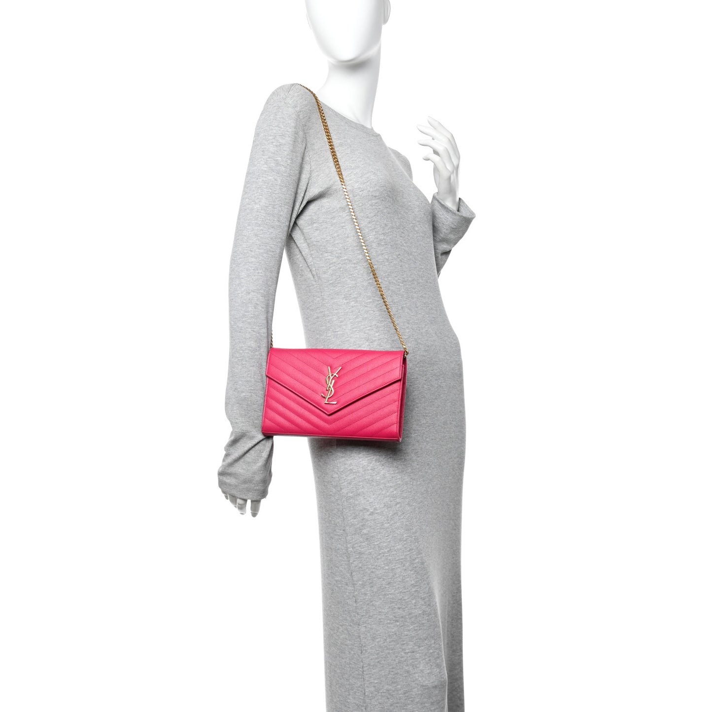 Grain De Poudre Matelasse Chevron Monogram Chain Wallet Lipstick Fuchsia