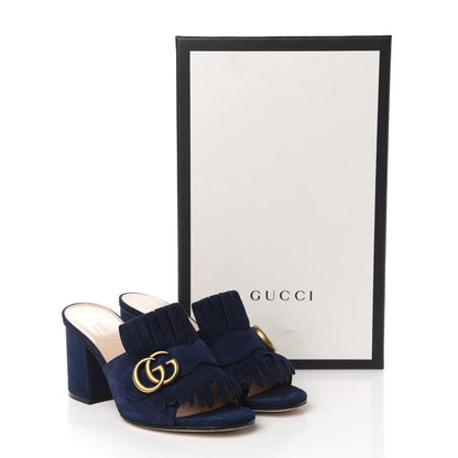 Gucci Kid Scamosciato GG Marmont Fringe 75mm Slide Sandals 35.5 Blue Ink 9 of 9