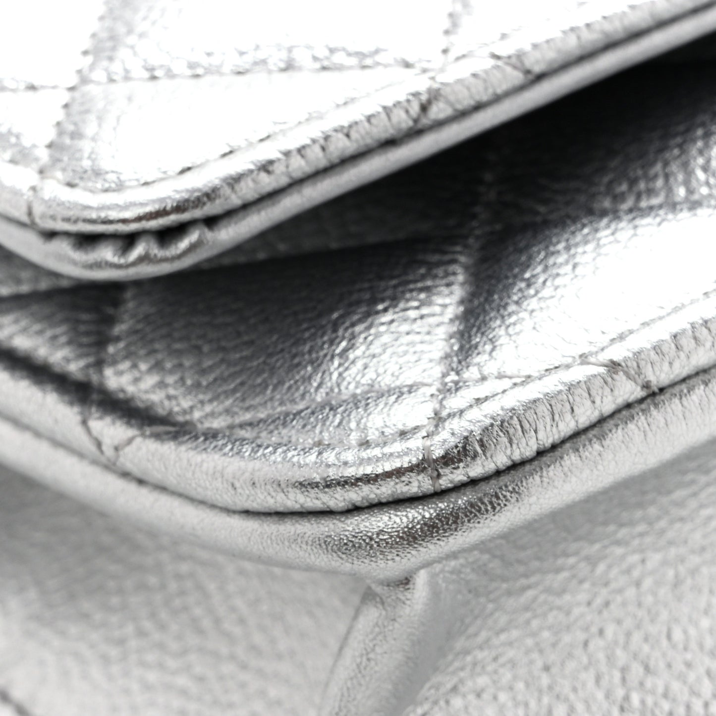 Metallic Caviar Quilted Wallet On Chain WOC Silver