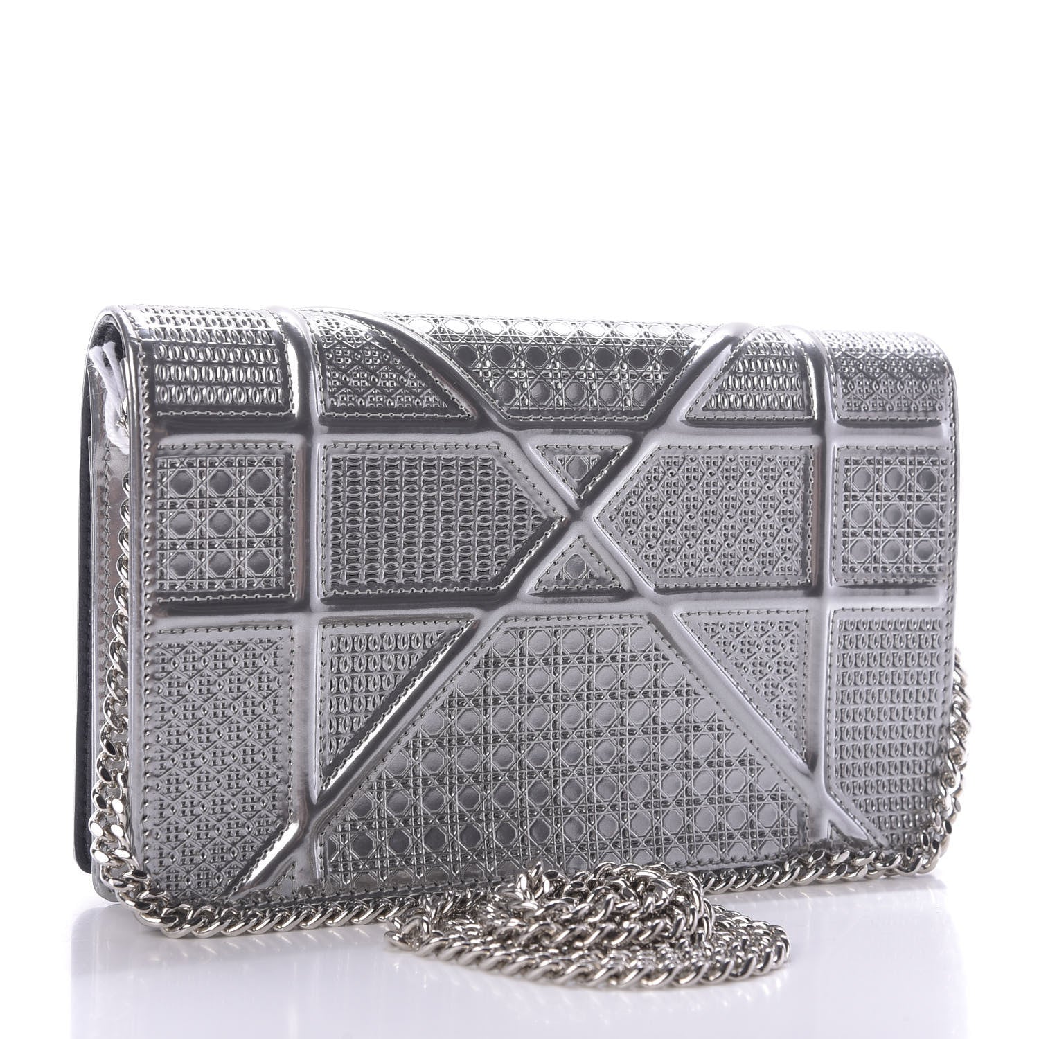 Christian Dior Metallic Patent Micro-Cannage Diorama Wallet on Chain Pouch Silver 3 of 9