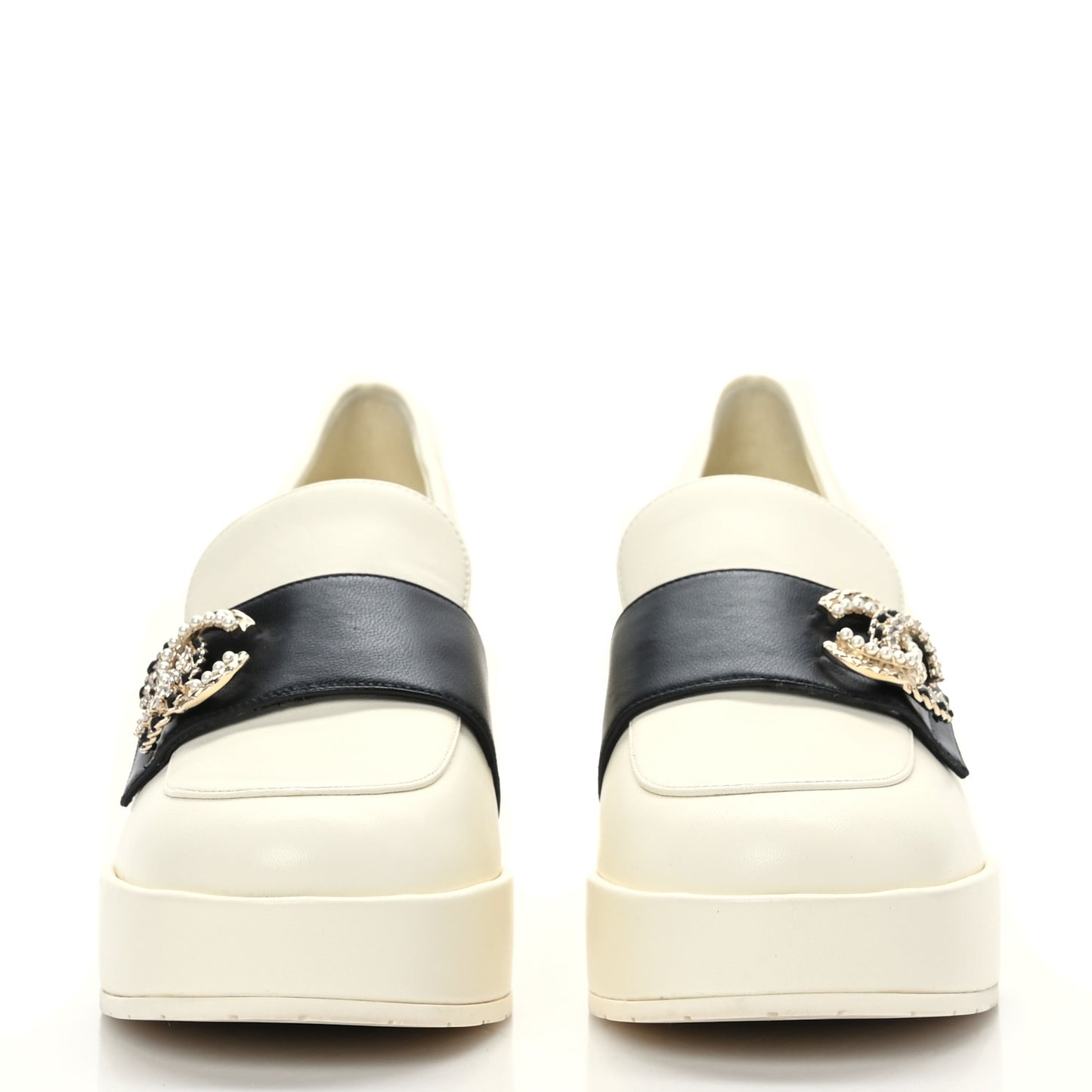Lambskin Pearl Crystal Quilted CC Loafers 40 White Black