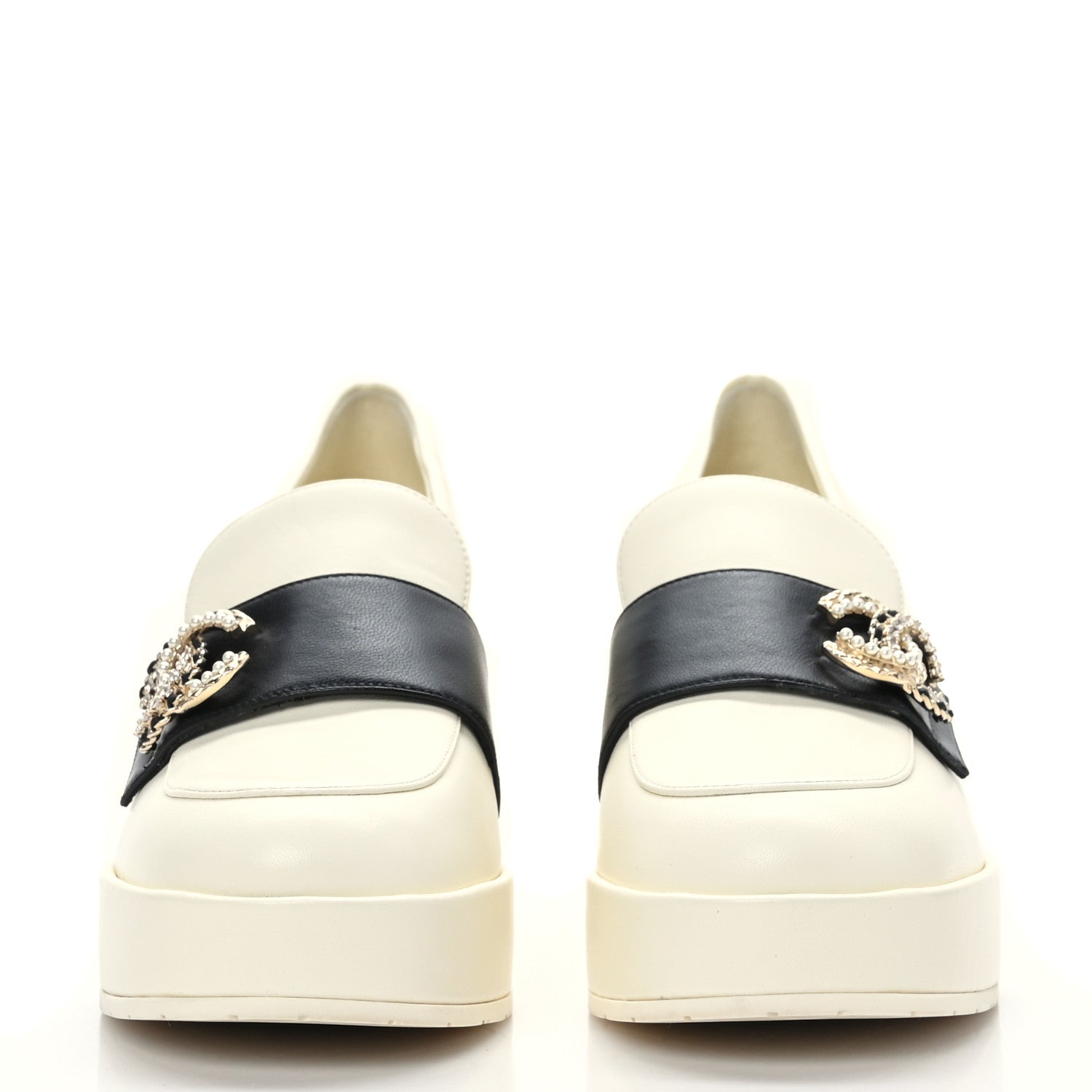 Chanel Lambskin Pearl Crystal Quilted CC Loafers 40 White Black 2 of 8