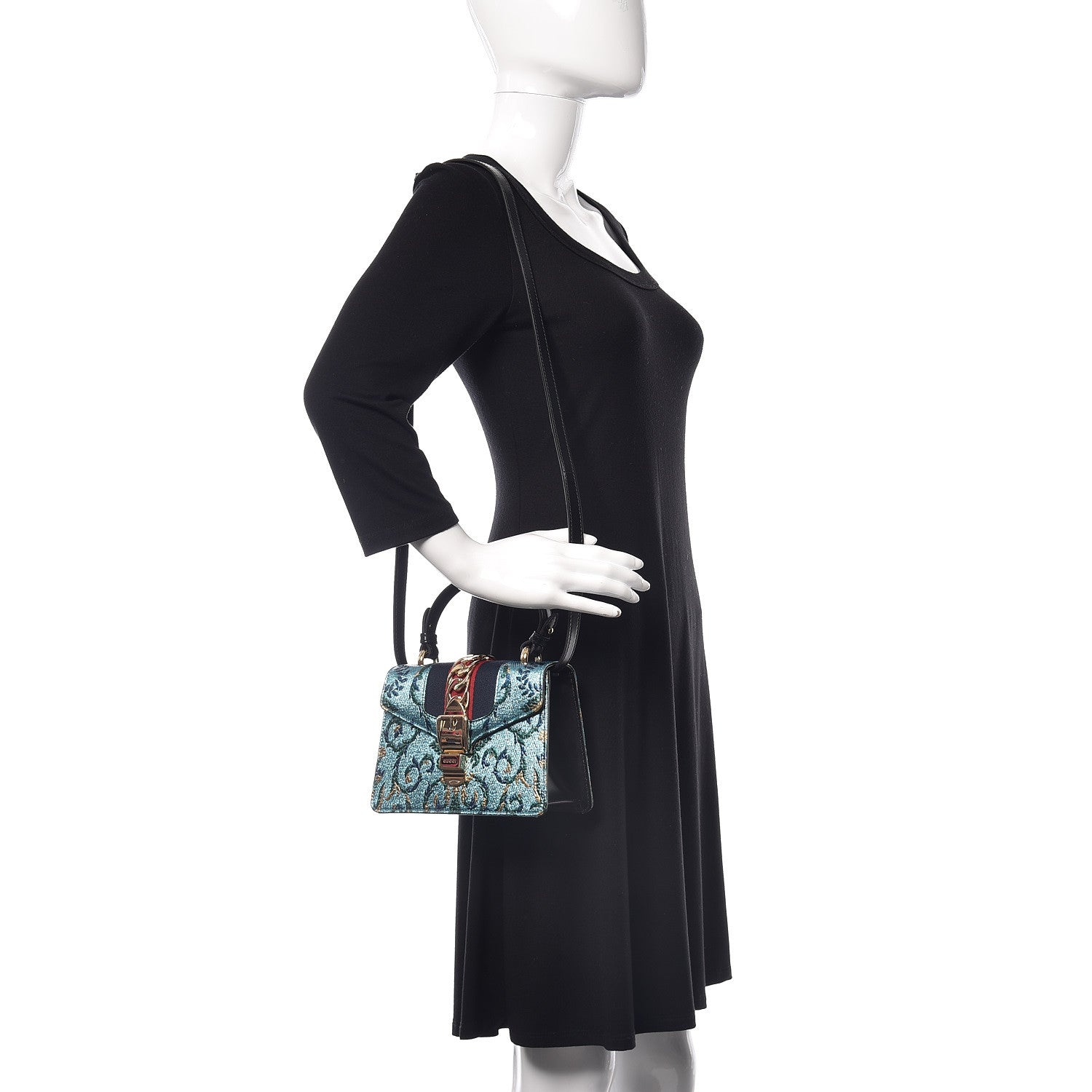 Gucci Iridescent Brocade Mini Sylvie Top Handle Bag Azure 2 of 9