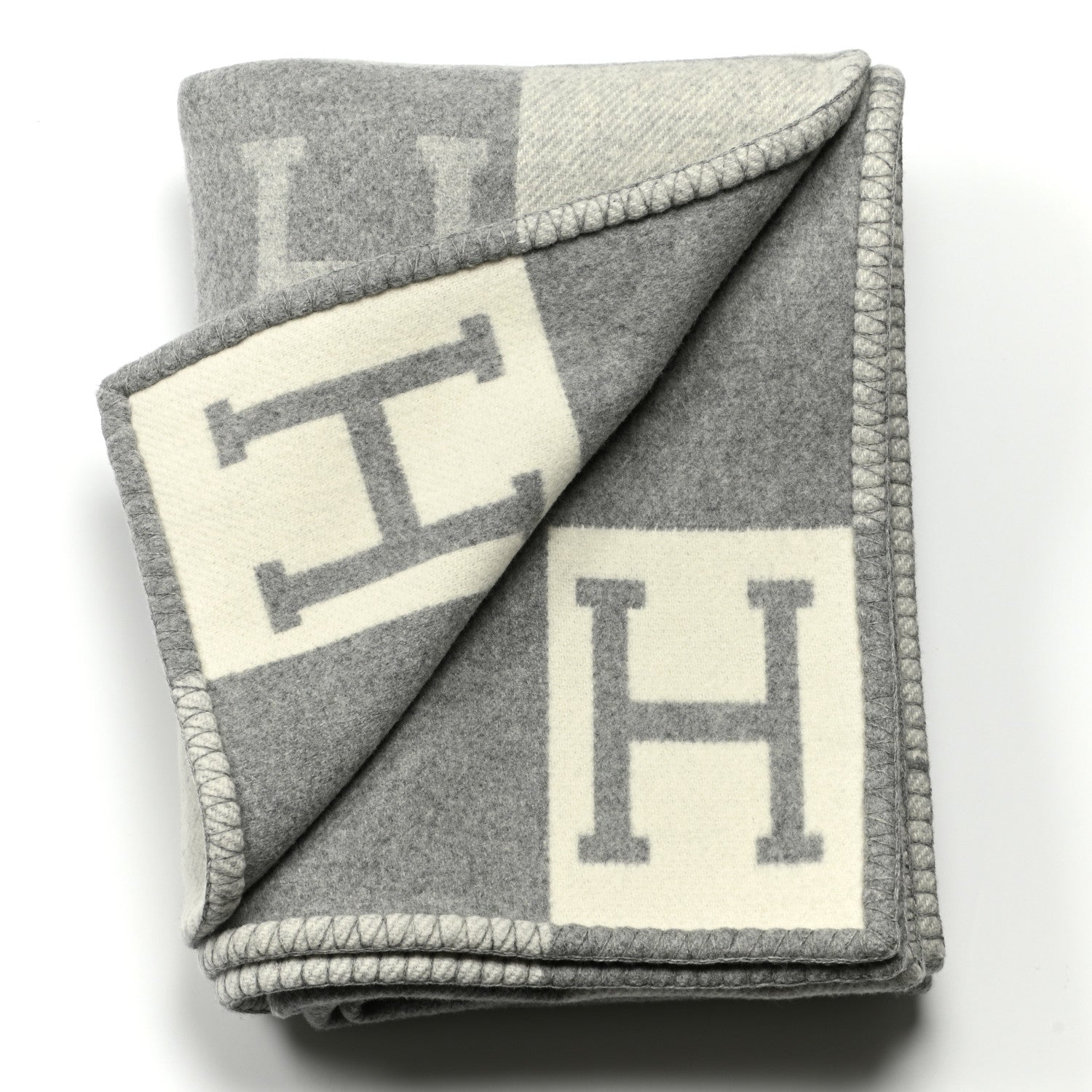 Hermes Wool Cashmere Avalon III Blanket Ecru Gris Clair 2 of 4
