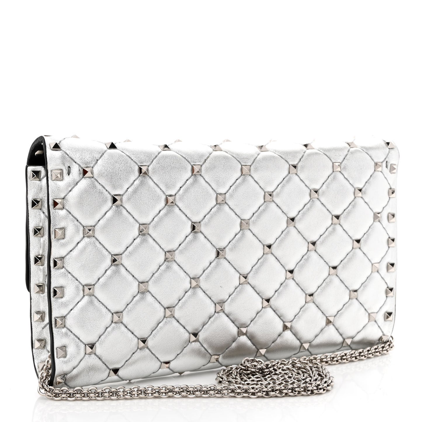 Metallic Lambskin Rockstud Spike Wallet on Chain Silver