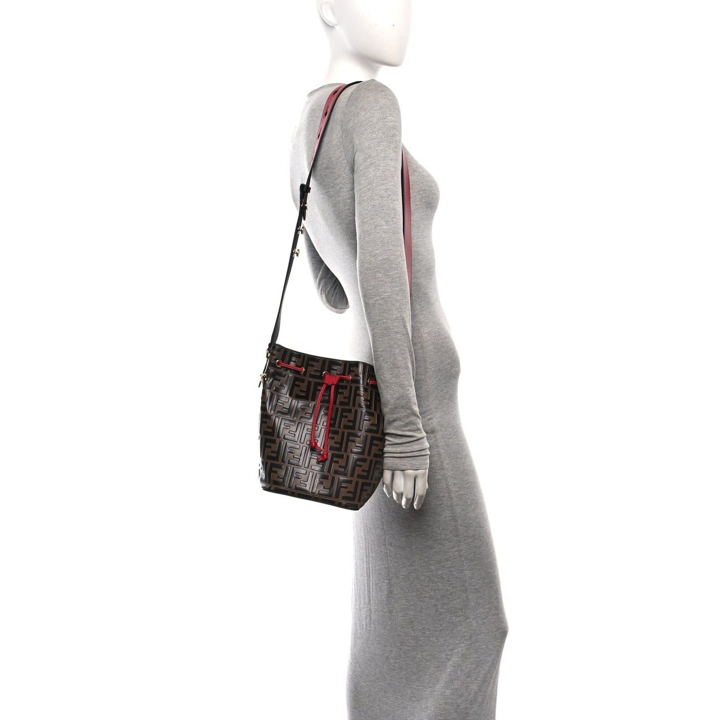 Vitello Grace F is Fendi Bi-Color FF 1974 Embossed Grande Mon Tresor Bucket Bag Maya Black Fragola