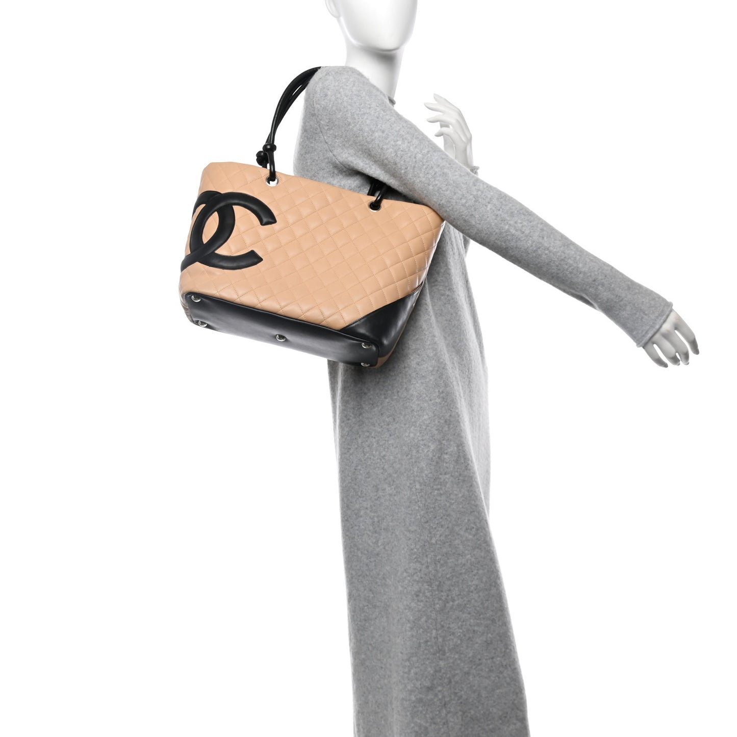 Calfskin Quilted Large Cambon Tote Beige Black