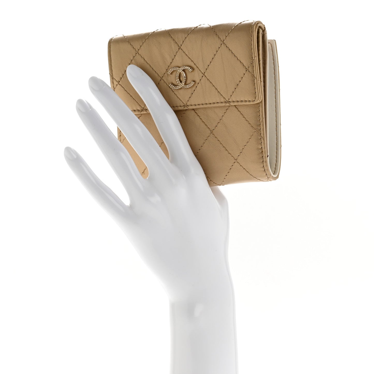 Metallic Calfskin Diamond Stitch Compact French Flap Wallet Gold Rose