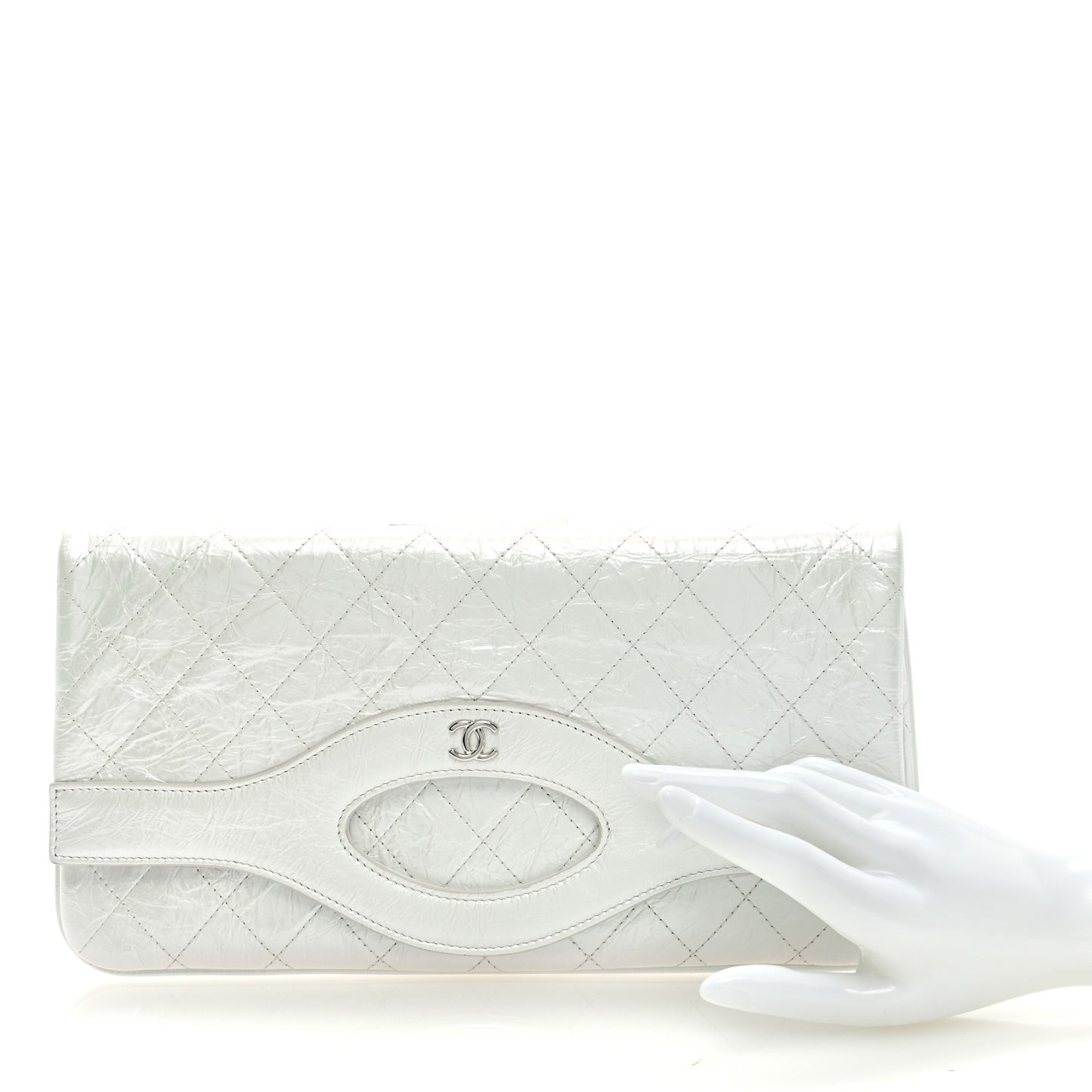 Iridescent Aged Calfskin Quilted Large 31 Pouch White