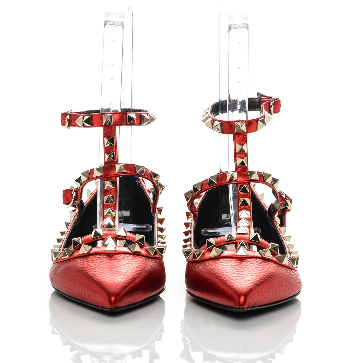 Metallic Pebbled Calfskin Rockstud Cage Ballerina Flats 37.5 Rosso Valentino