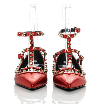 Valentino Garavani Metallic Pebbled Calfskin Rockstud Cage Ballerina Flats 37.5 Rosso Valentino 2 of 8