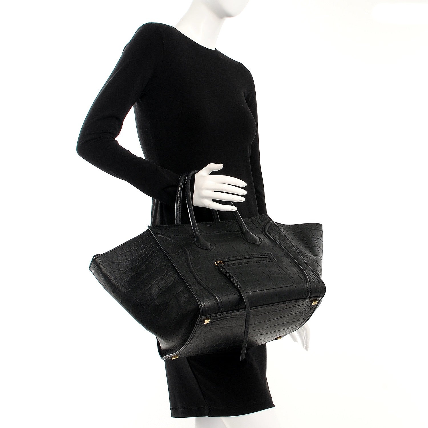 Celine Crocodile Embossed Calfskin Medium Phantom Luggage Black 2 of 13
