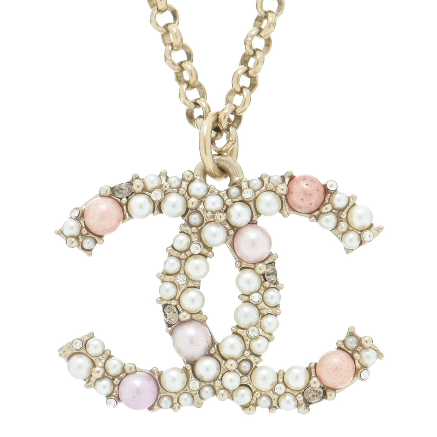 Crystal Pearl CC Pendant Necklace Gold Pink