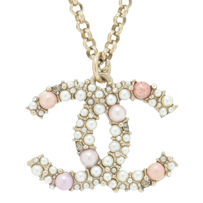 Chanel Crystal Pearl CC Pendant Necklace Gold Pink 4 of 6