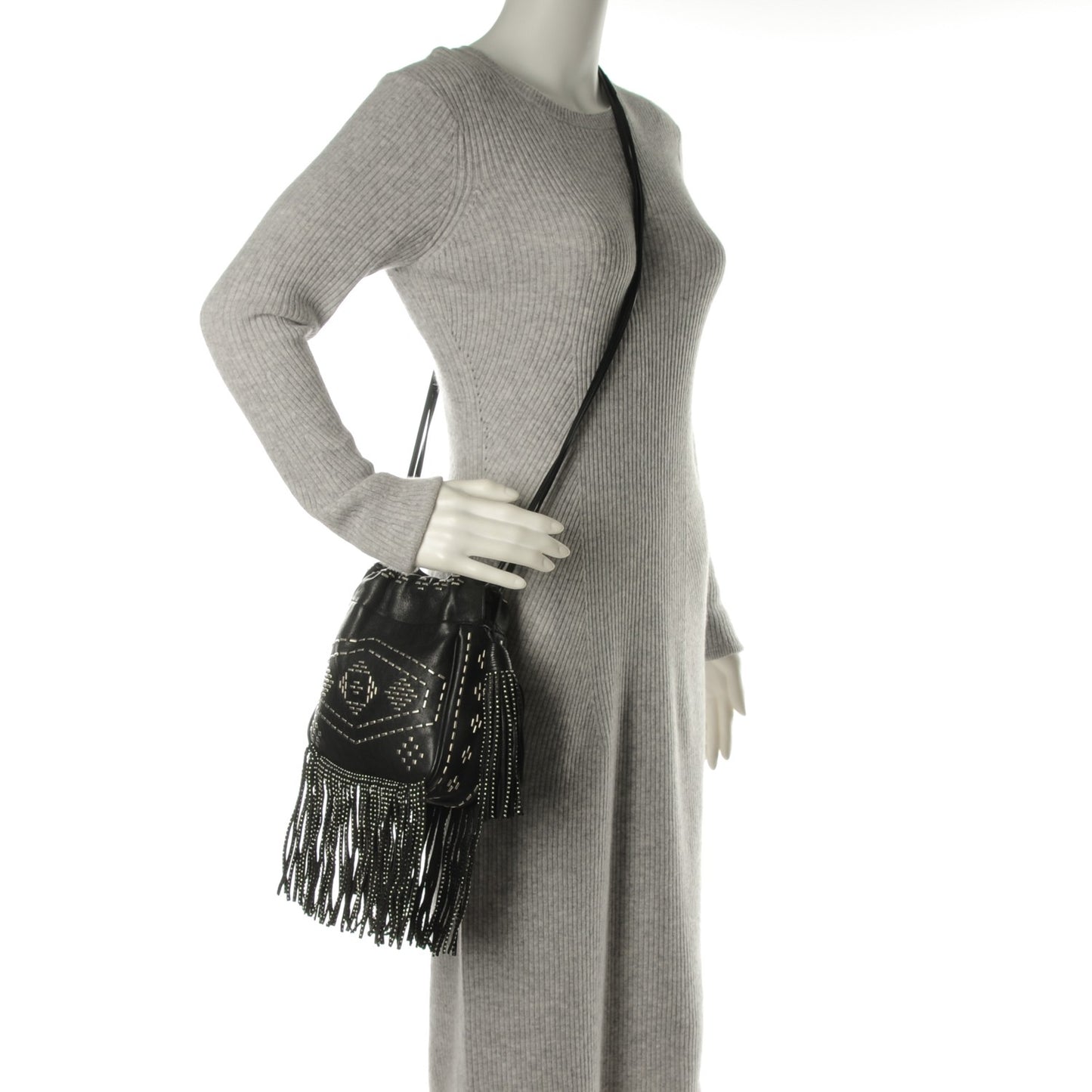 Lambskin Oxidized Nickel Studded Small Helena Fringed Bucket Bag Black