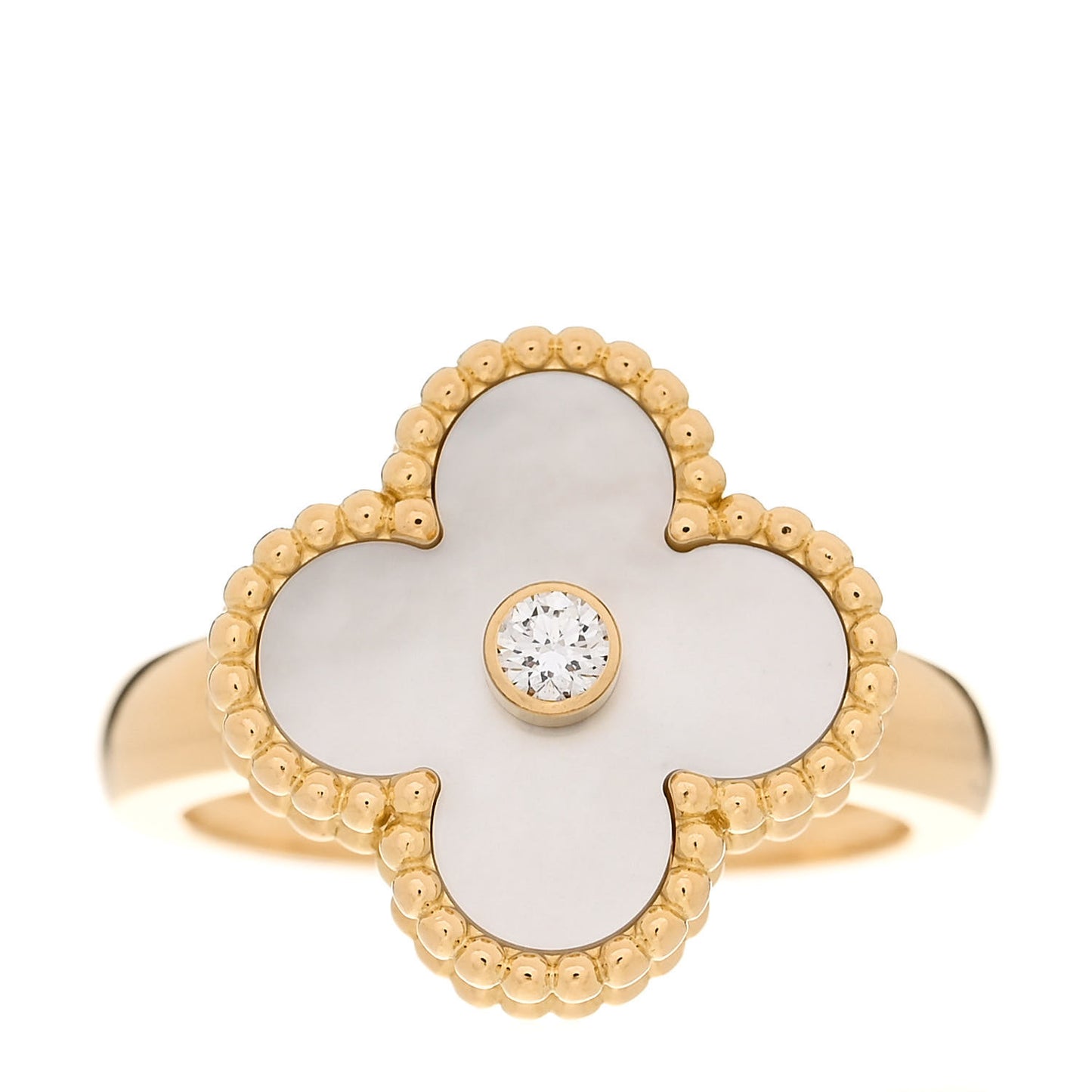 18K Yellow Gold Diamond Mother of Pearl Vintage Alhambra Ring 51 5.75