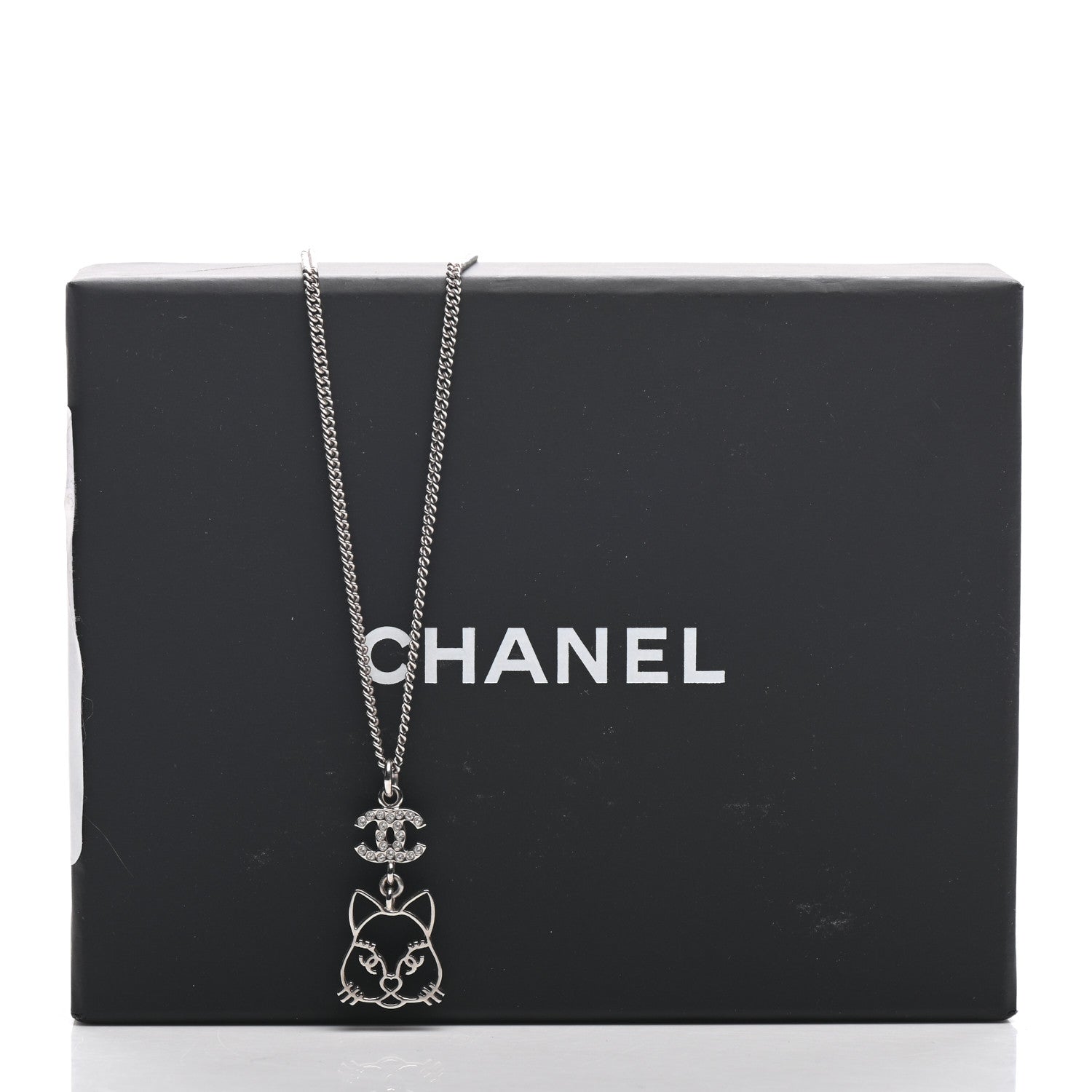 Chanel Crystal Emoji Choupette Cat Pendant Necklace Silver 5 of 5