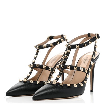 Valentino Garavani Pebbled Calfskin Rockstud Ankle Strap 100mm Pumps 38.5 Black 3 of 9
