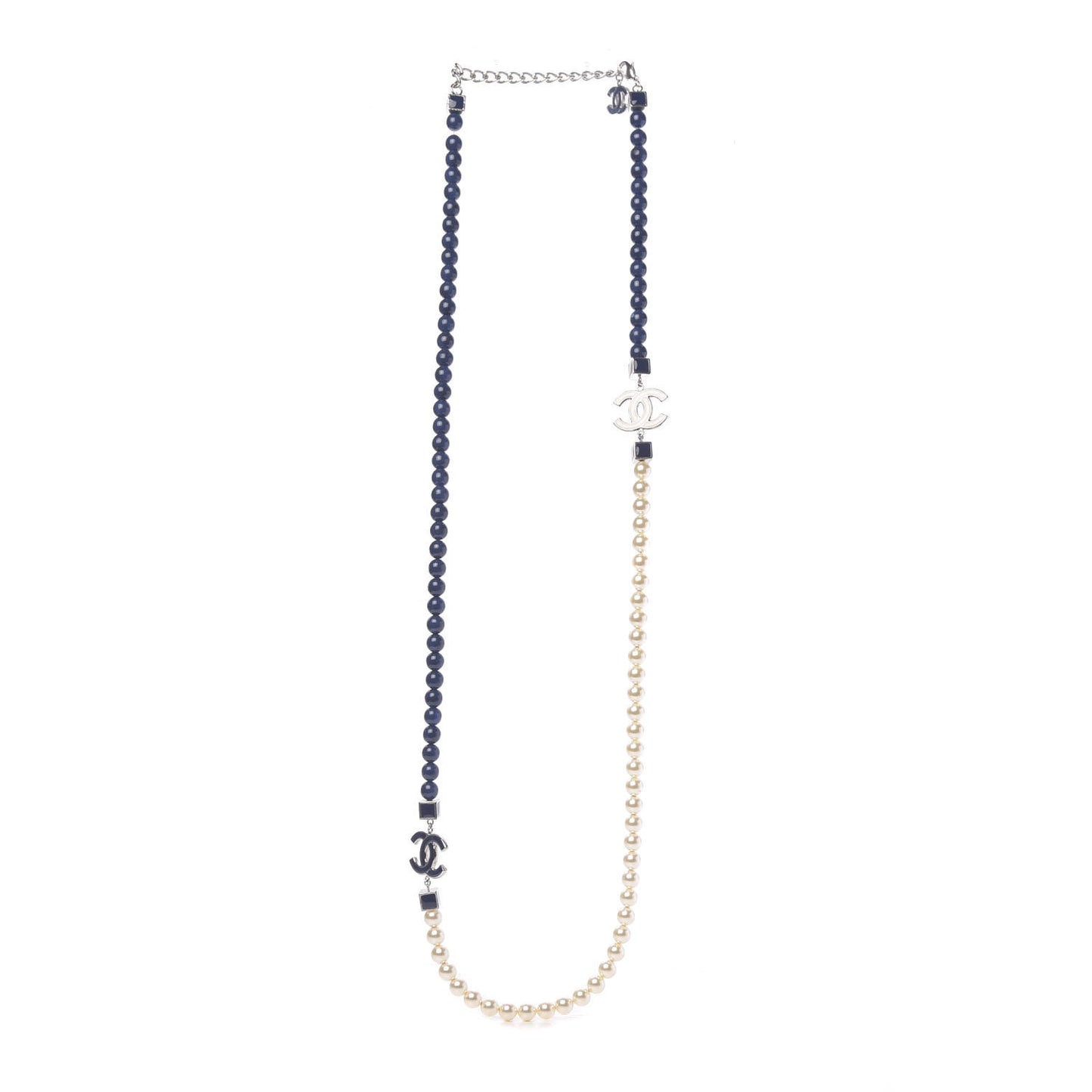 Pearl Beaded Enamel CC Long Necklace Navy Silver