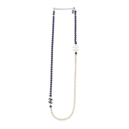 Chanel Pearl Beaded Enamel CC Long Necklace Navy Silver 3 of 6