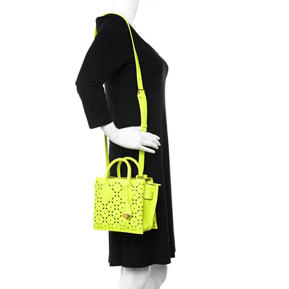 MCM Perforated Calfskin Studded Mini Milla Tote Neon Yellow 2 of 15