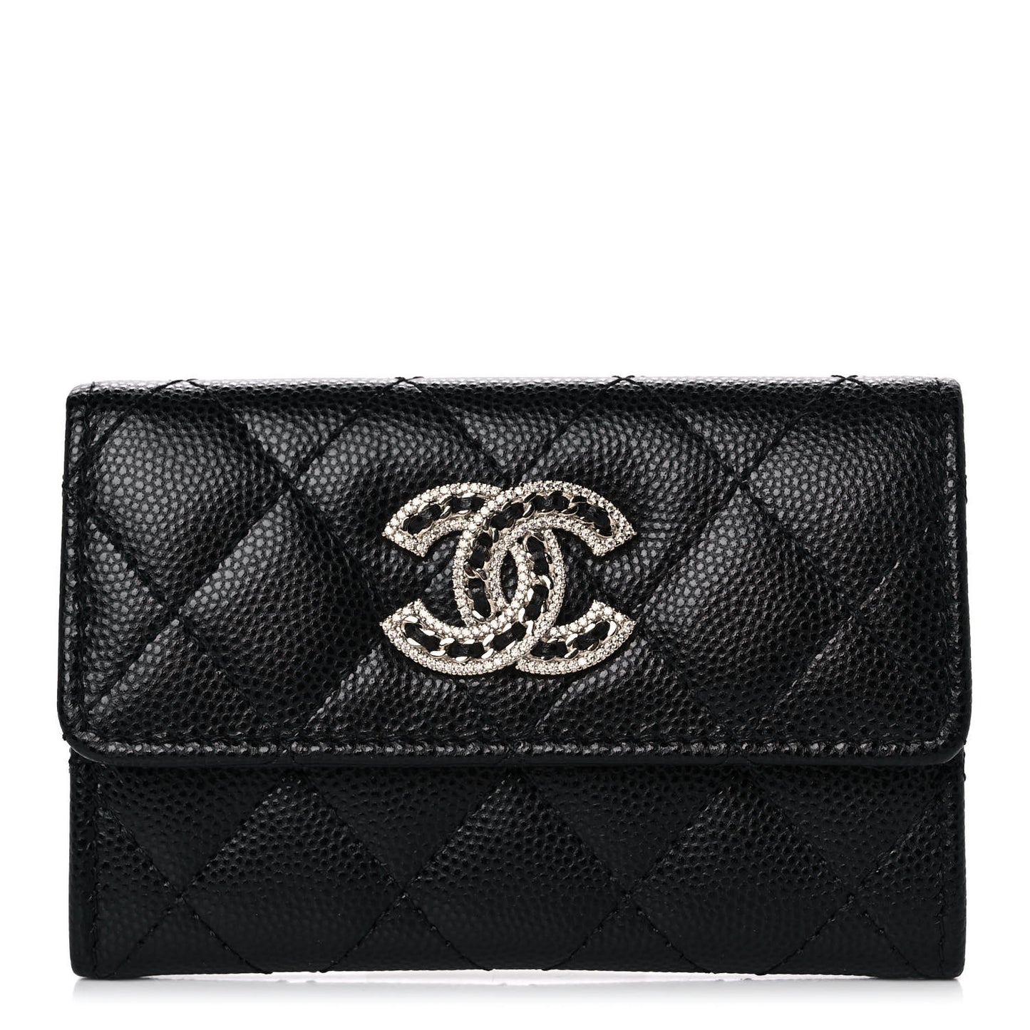 Caviar Quilted Crystal CC Flap Card Holder Black