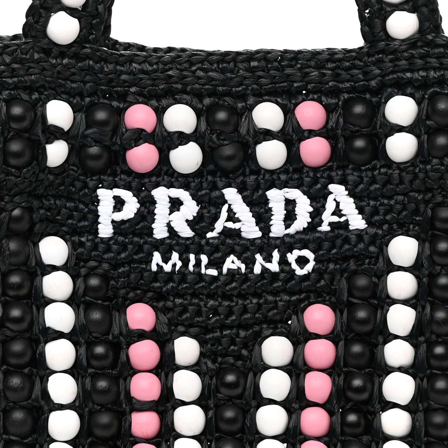Raffia Wood Bead Embroidered Logo Tote Bag Black