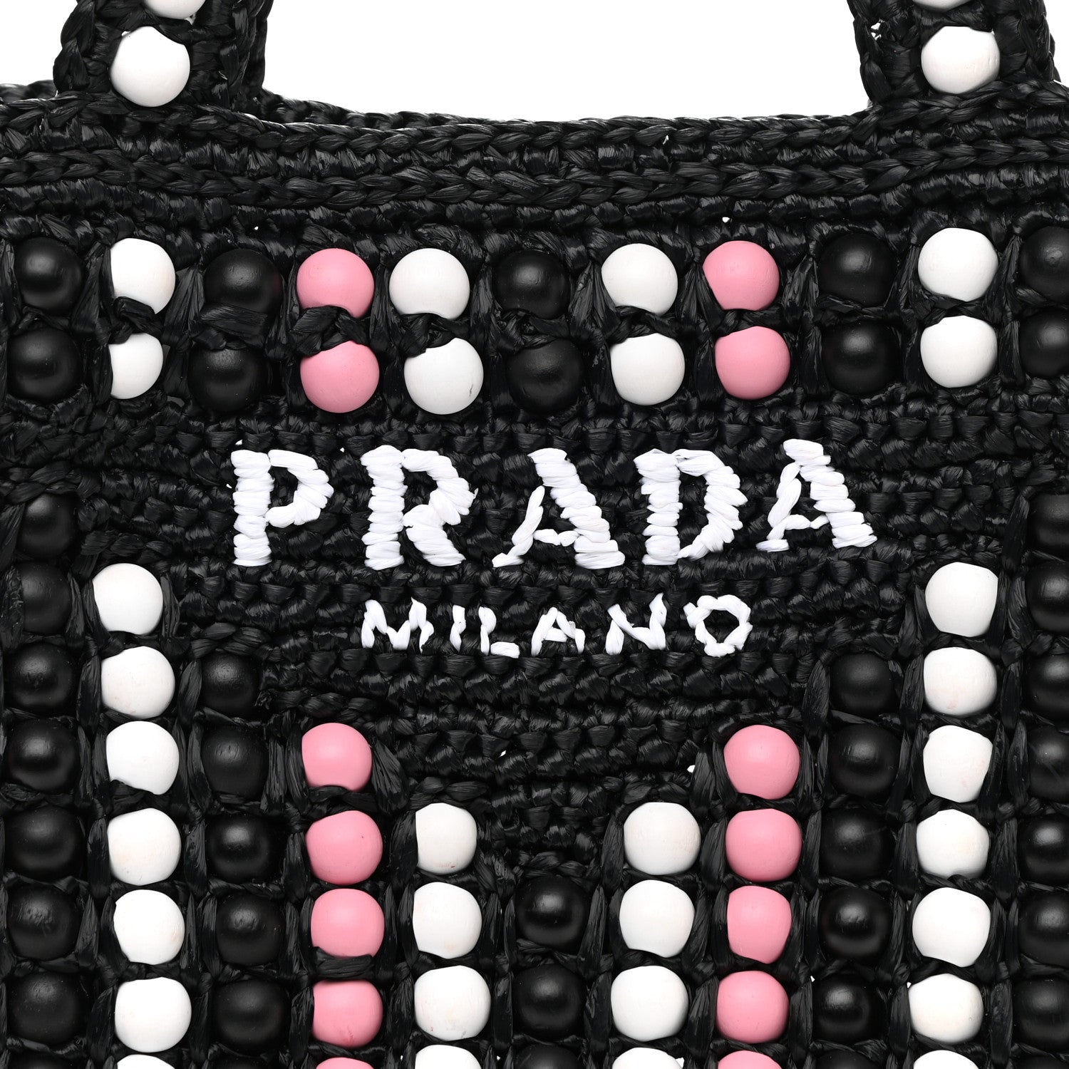 Prada Raffia Wood Bead Embroidered Logo Tote Bag Black 7 of 9
