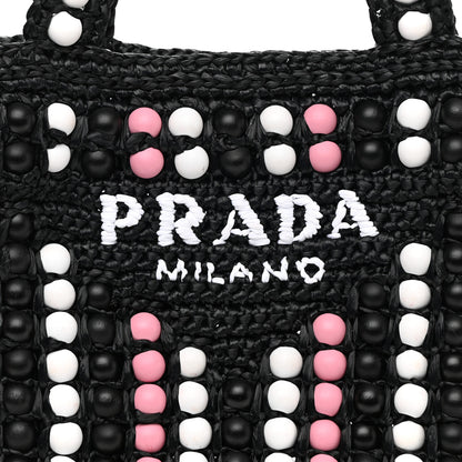 Prada Raffia Wood Bead Embroidered Logo Tote Bag Black 7 of 9