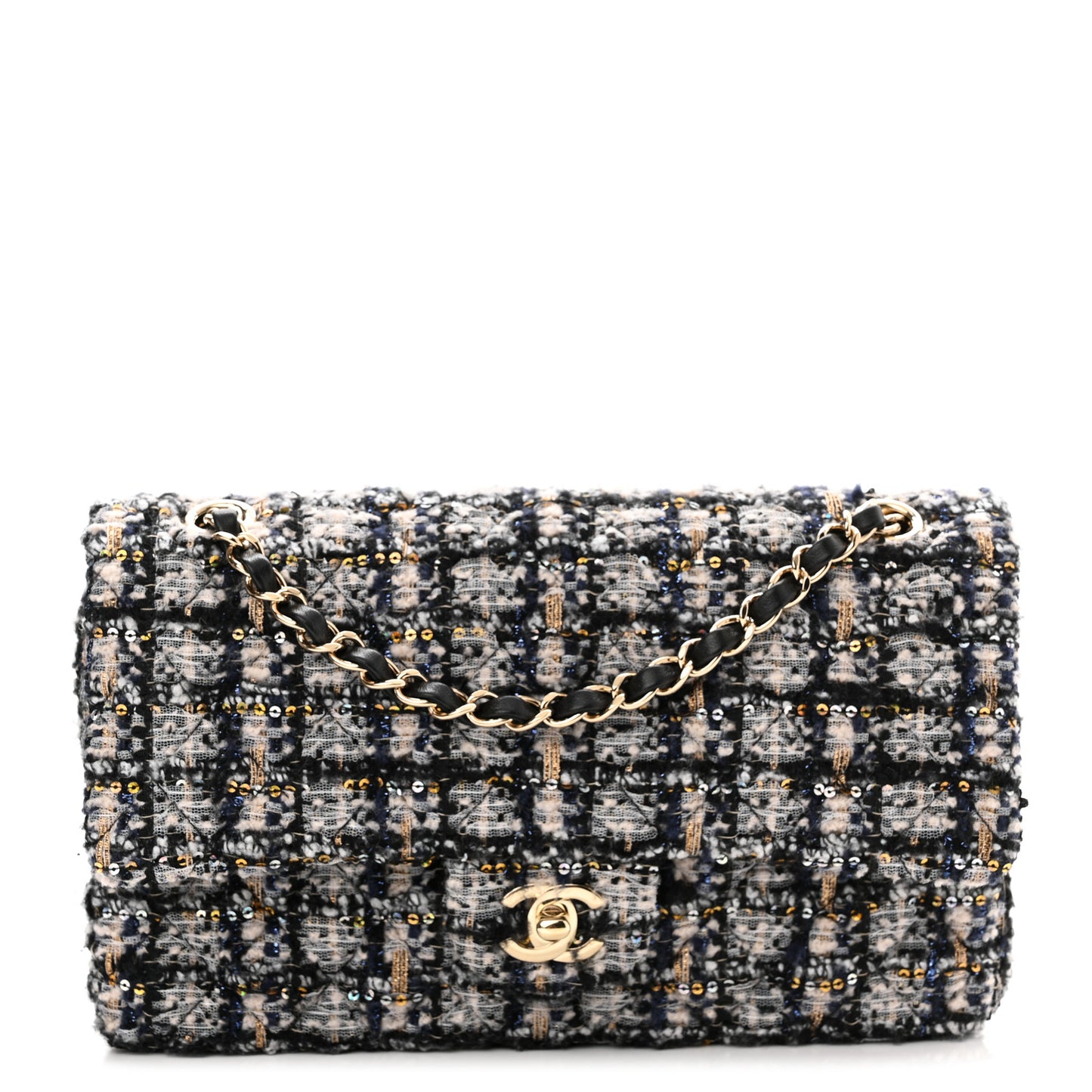 Glittered Tweed Quilted Medium Double Flap Navy Blue