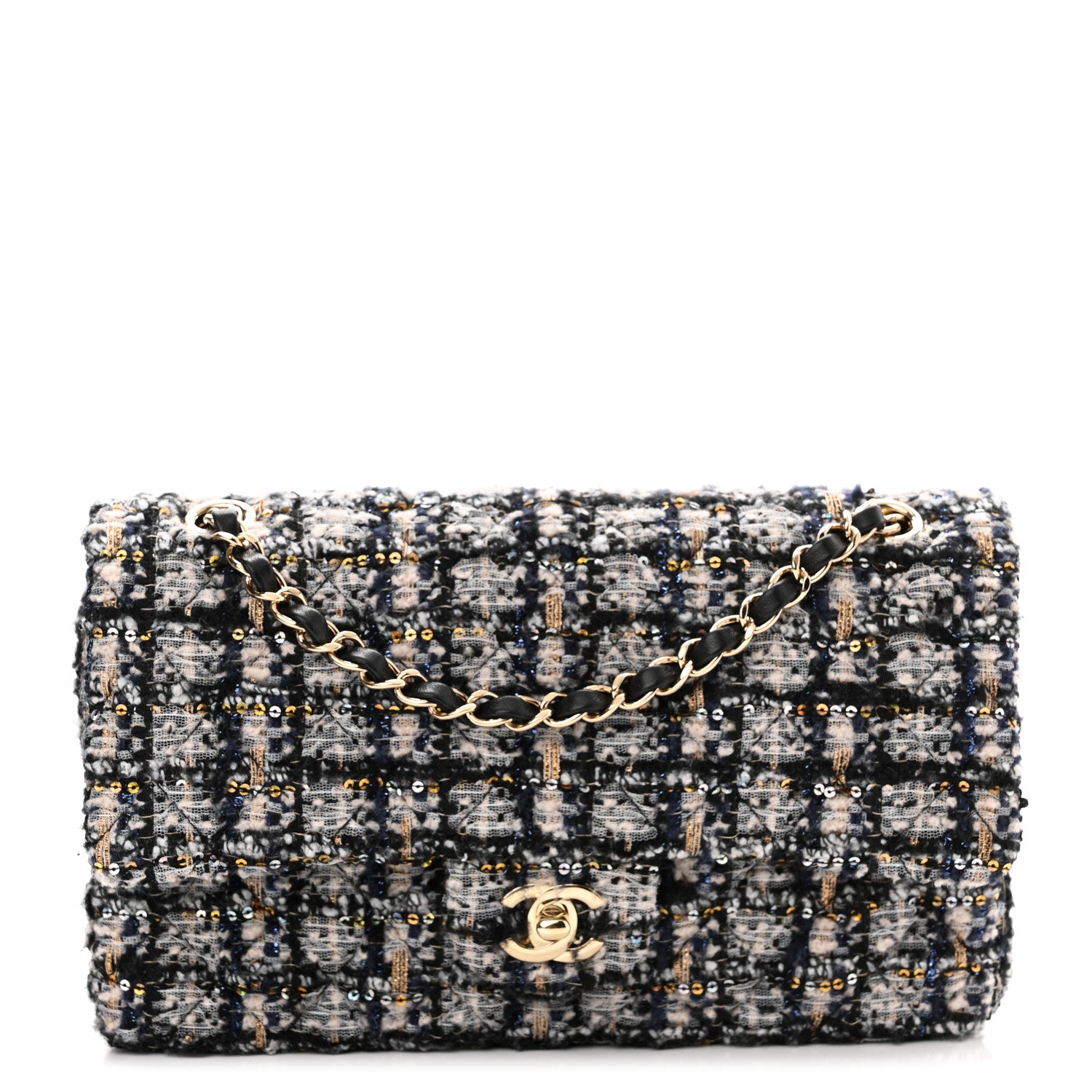 Chanel Glittered Tweed Quilted Medium Double Flap Navy Blue 1 of 12