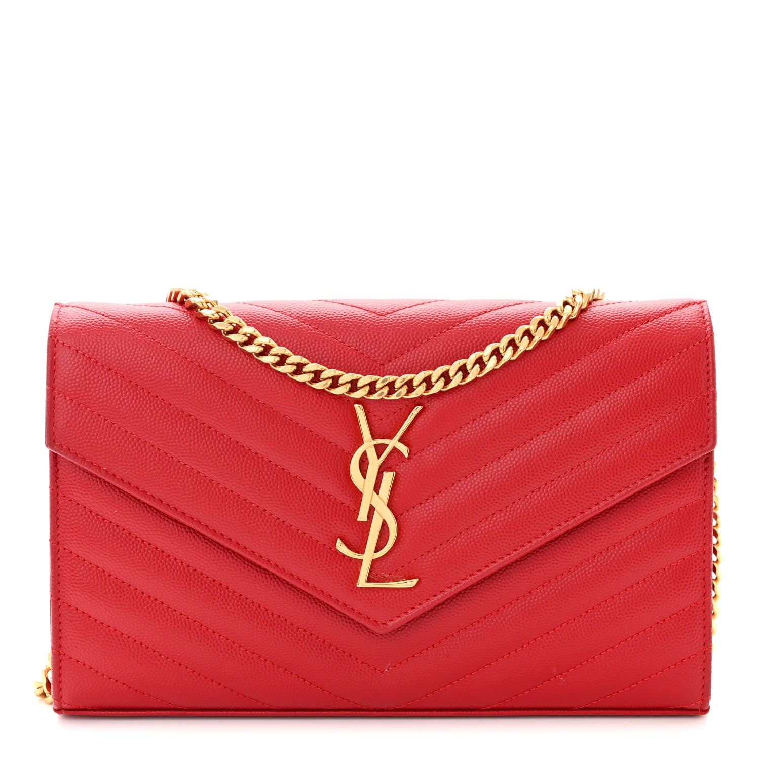 Saint Laurent Grain De Poudre Matelasse Chevron Monogram Chain Wallet New Red 1 of 10
