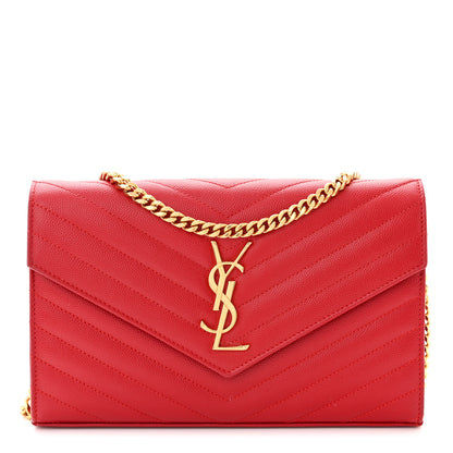 Saint Laurent Grain De Poudre Matelasse Chevron Monogram Chain Wallet New Red 1 of 10