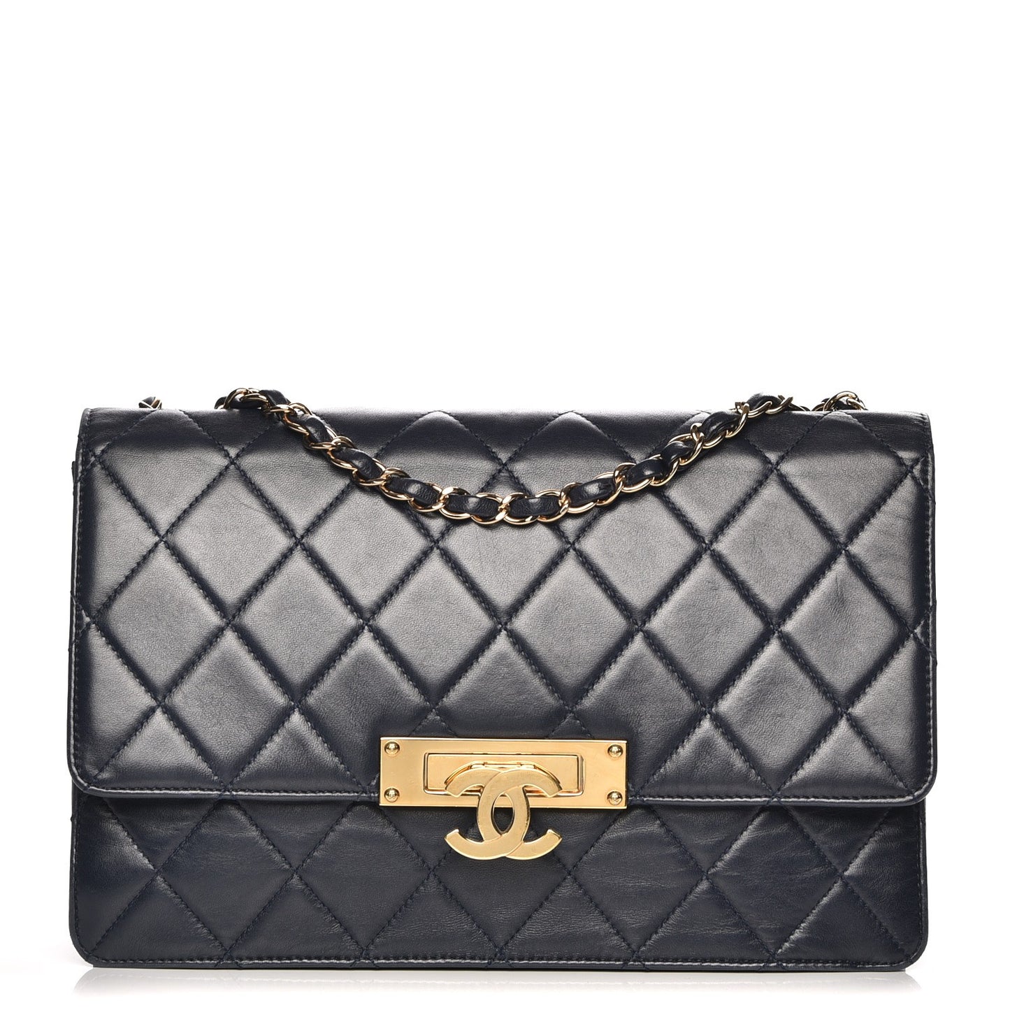 Lambskin Quilted Large Golden Class Flap Navy