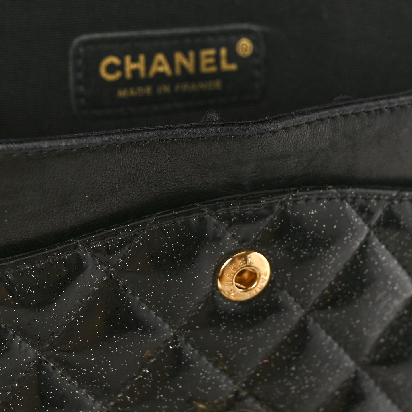 Patent Quilted Sparkle Glitter Medium Double Flap Black