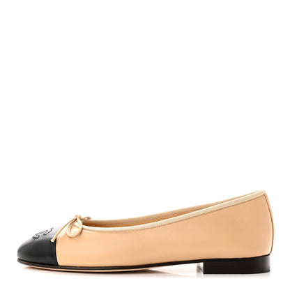 Chanel Lambskin Cap Toe CC Ballerina Flats 36.5 Beige Black 1 of 13