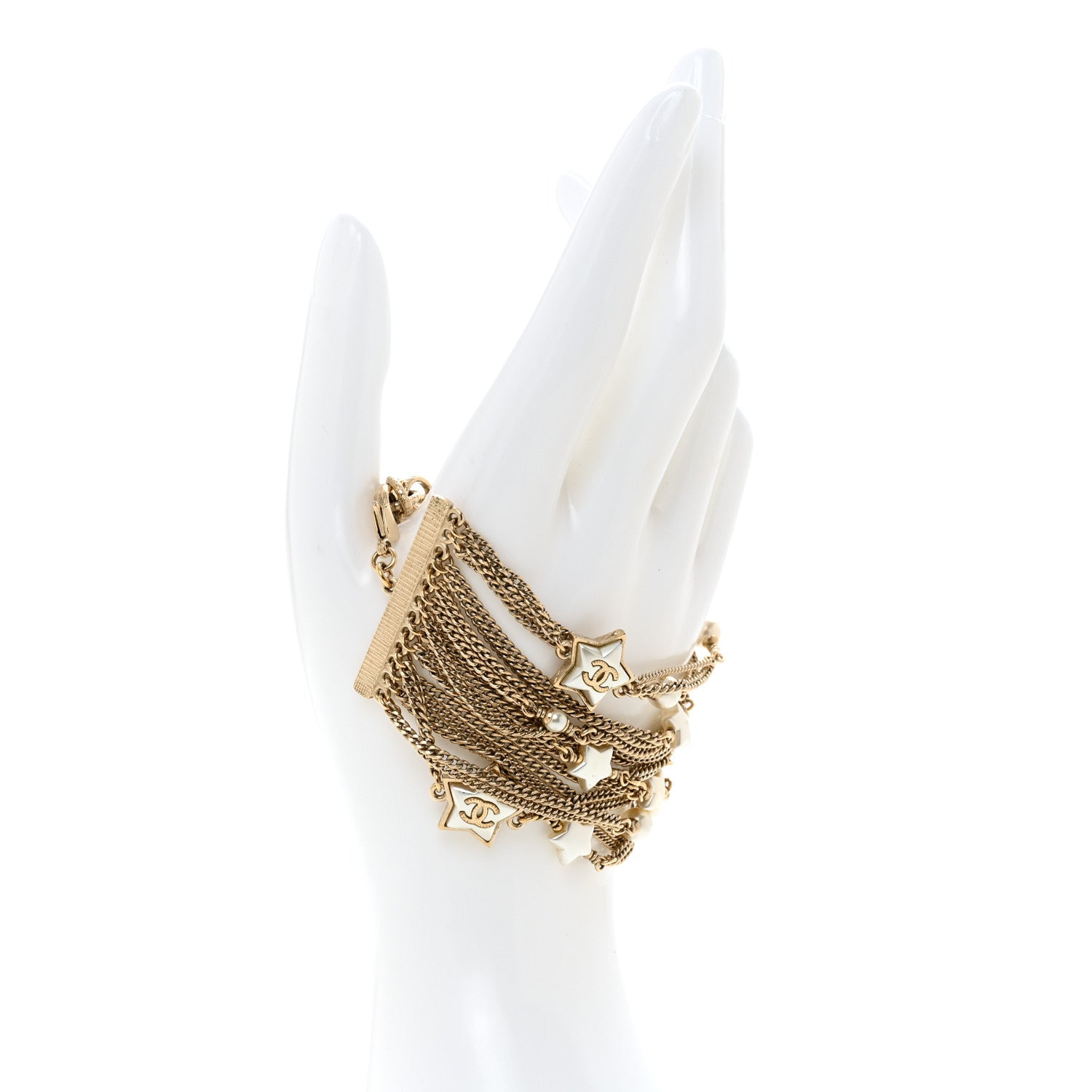 Chanel Metal Resin Pearl Multistrand Chain CC Bracelet Gold 4 of 5