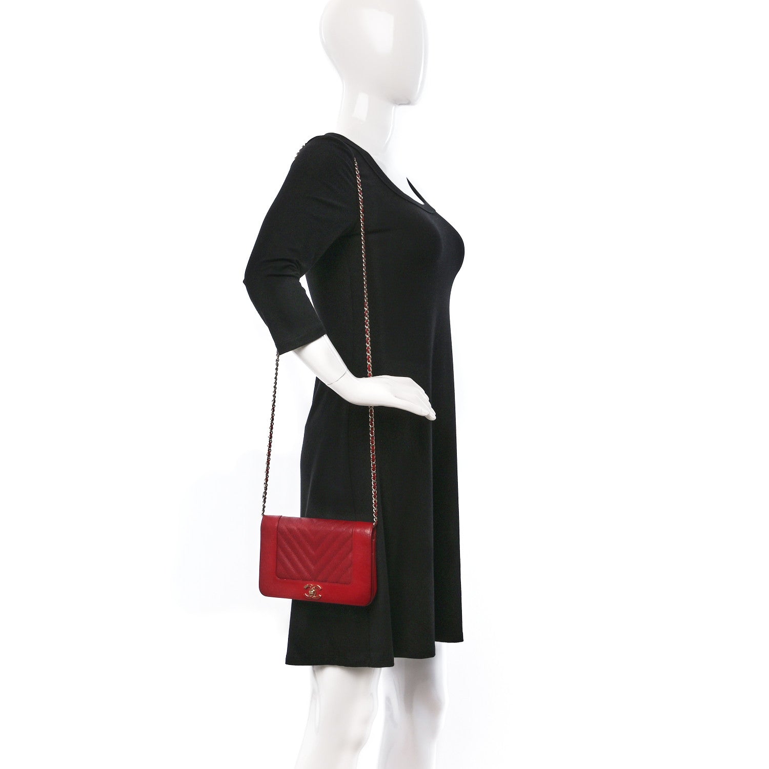 Chanel Sheepskin Caviar Chevron Quilted Vintage Mademoiselle Wallet On Chain WOC Red 2 of 9