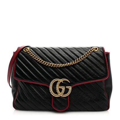 Gucci Vintage Effect Calfskin Matelasse Diagonal Large Torchon GG Marmont Shoulder Bag Black Romantic Cherry 1 of 9