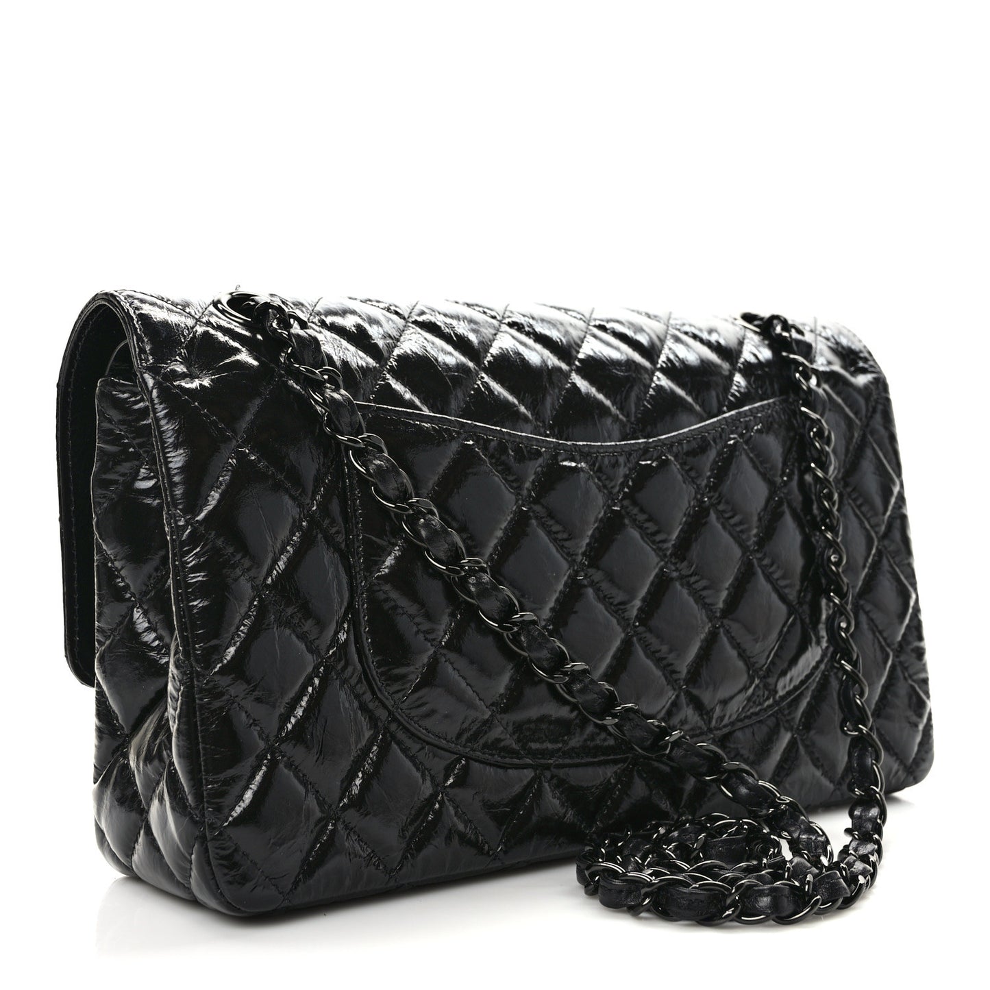 Shiny Crumpled Calfskin Quilted Medium Double Flap So Black