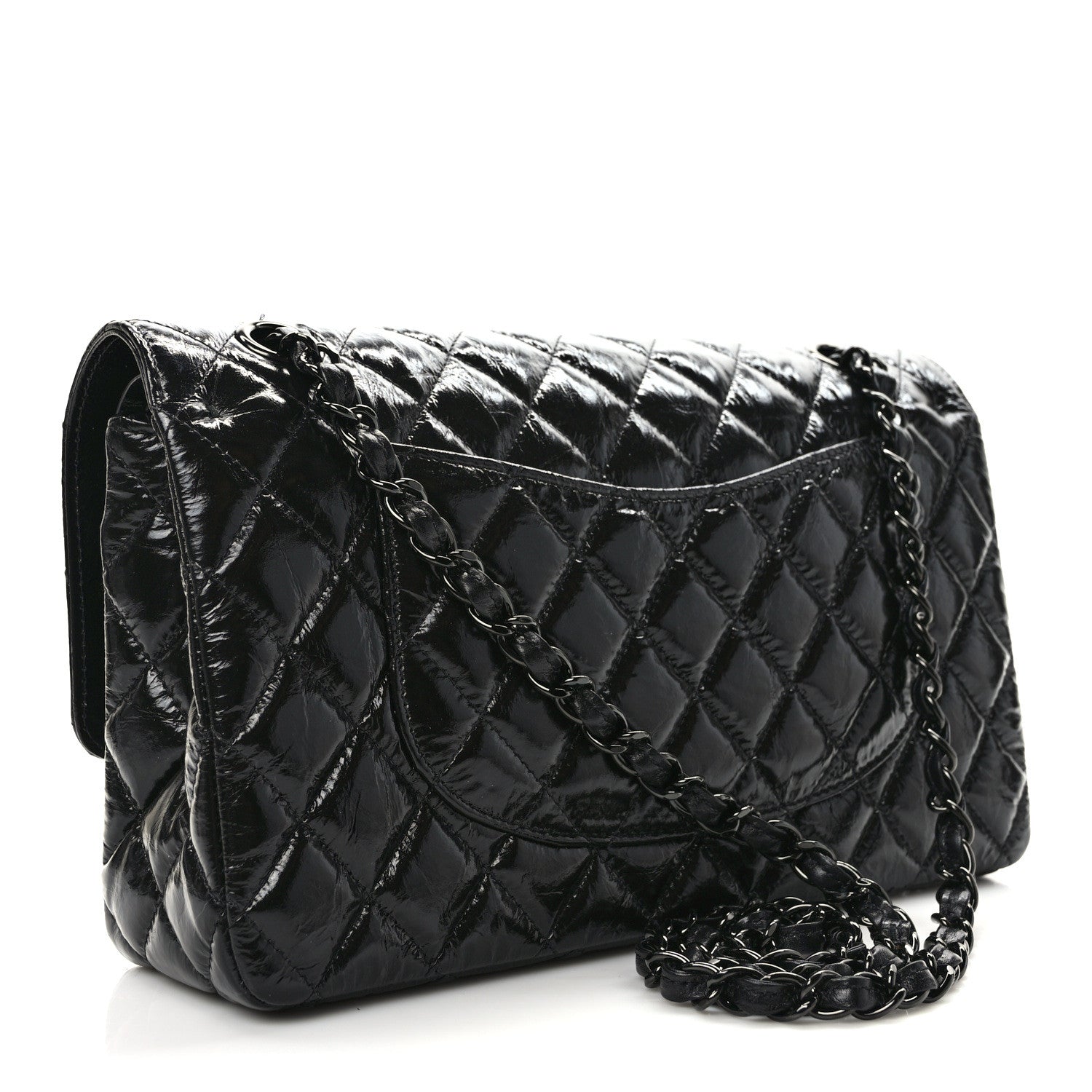 Chanel Shiny Crumpled Calfskin Quilted Medium Double Flap So Black 3 of 10