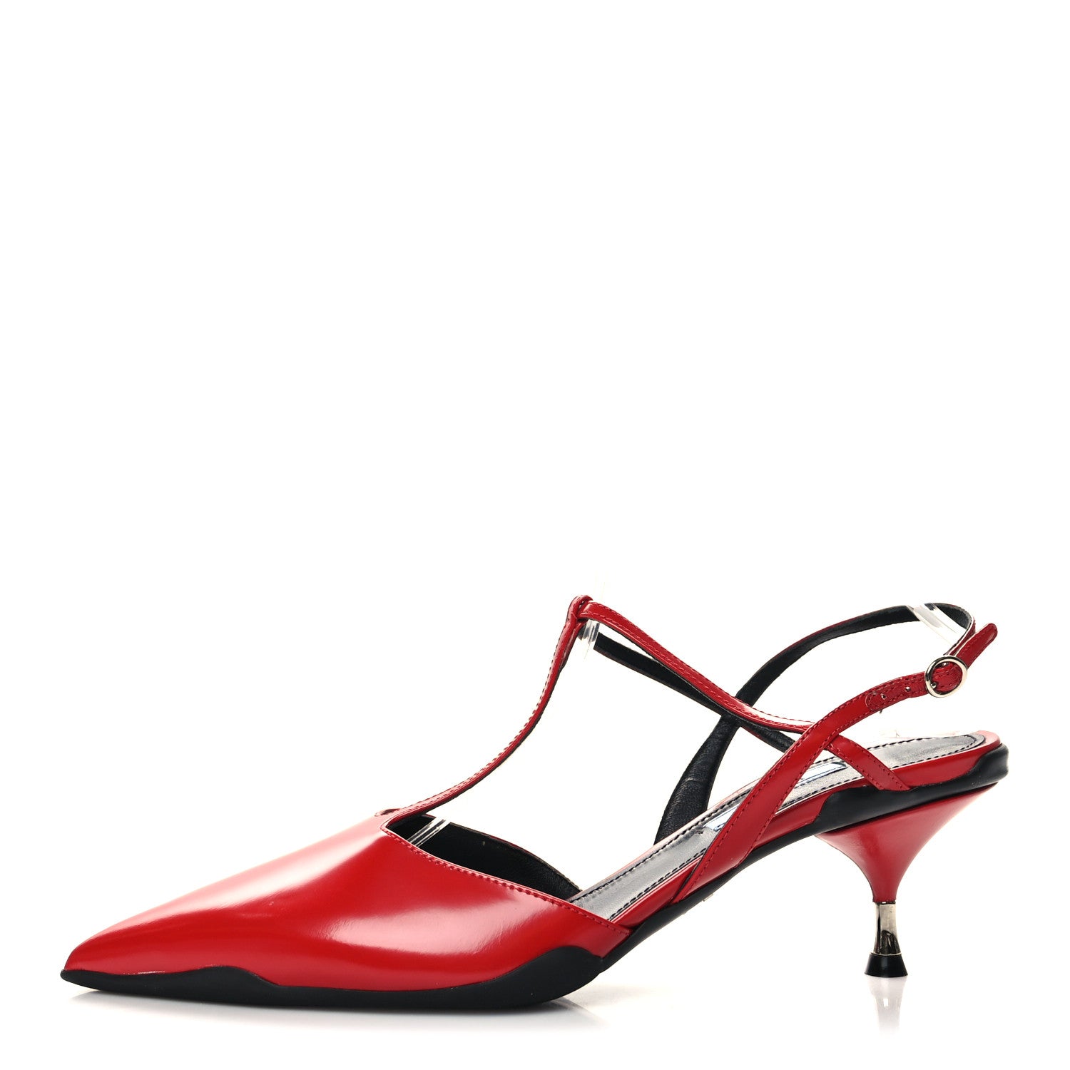 Prada Spazzolato Pointed Toe T-Strap 55mm Slingback Pumps 39 Rosso 1 of 8