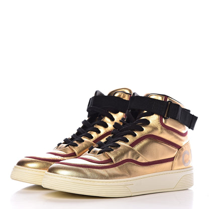 Chanel Metallic Satin Lambskin Mens Logo High Top Sneakers 44 Gold Burgundy 3 of 14