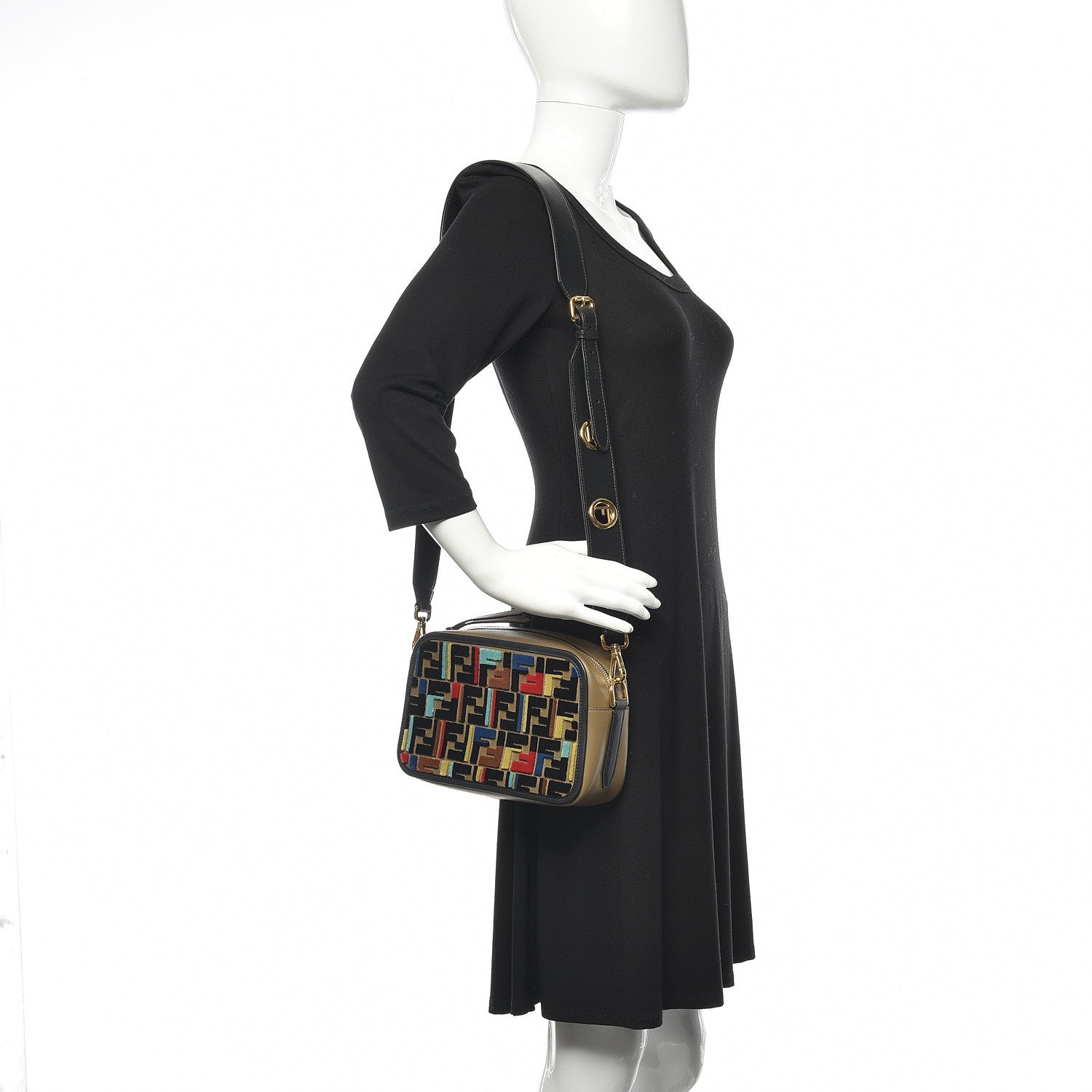 Fendi Vitello Century Velvet F is Fendi FF Multicolor Bi-Color Camera Case Fango Black Multicolor 2 of 9