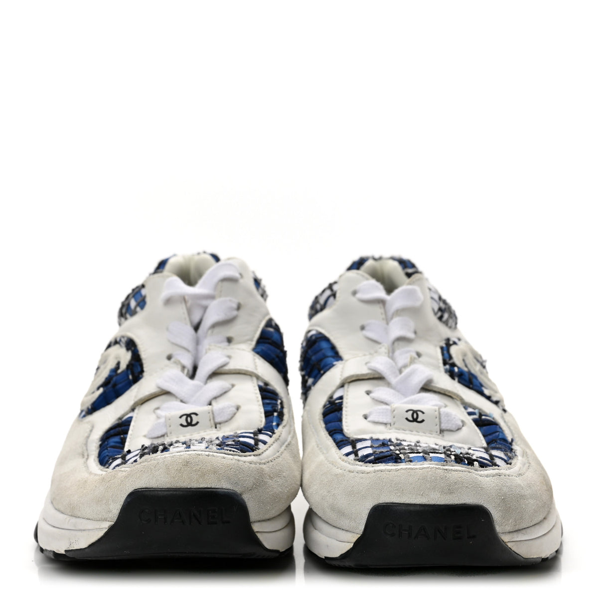 Chanel Tweed Suede Calfskin Womens CC Sneakers 41 Dark Blue Black Grey White 3 of 9