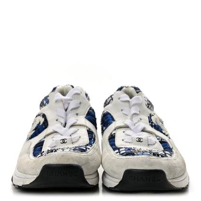 Chanel Tweed Suede Calfskin Womens CC Sneakers 41 Dark Blue Black Grey White 3 of 9